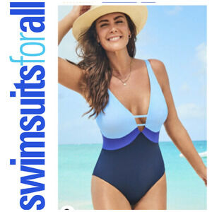 Swimsuits for All Plus Sz 20 Blue Colorblock V Neck One Piece Swimsuit 66-1544-7